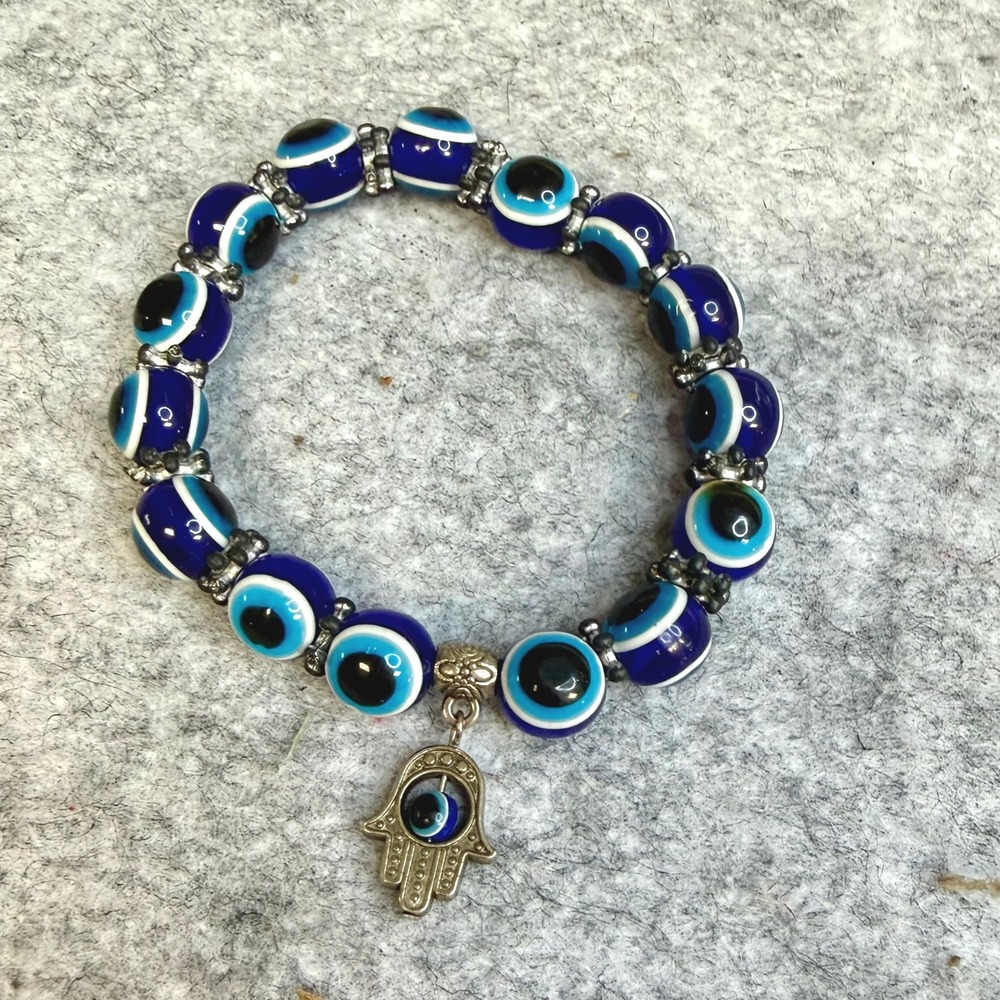 Blue Evil Eye Hamsa Hand Stretch Bracelet Glass Bead Nazar Protection Jewelry